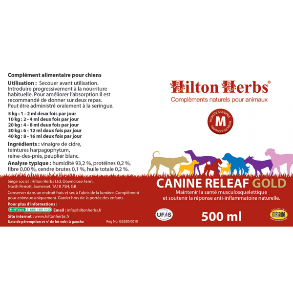 Ingrédients et dosage de Canine Releaf Gold de Hilton Herbs
